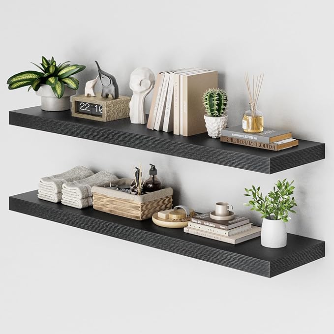 Heimlove 48W x 12D Long Floating Shelf, 12 Inch Deep Black Floating Shelves for Wall Set of 2, Wood Shelves for Bedroom Living Room Bathroom Kitchen Home Office, Wall Shelves with Heavy Duty Bracket-Ruum Studio Home