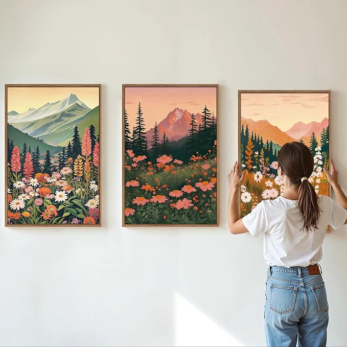 Tinonedraw Colorful Nature Flowers Framed Canvas Wall Art Set, Boho Blue Ridge Mountain Wall Decor,Floral Forest Scenery Artwork, Modern Wildflower Blossom Landscape Art Prints for Living Room Bedroom Office 16"x24"x3-Ruum Studio Home