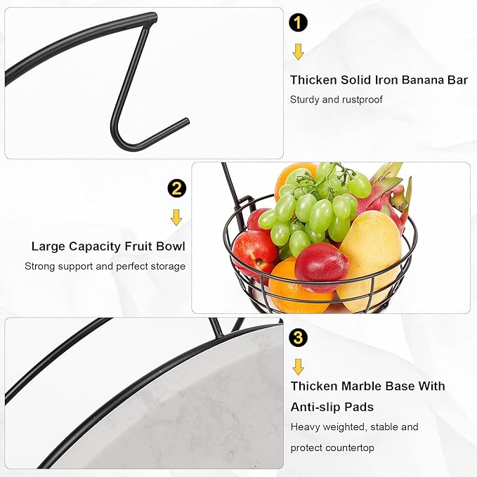 Livabber Countertop Fruit Basket Bowl with Banana Hanger, Modern Standing Fruit Vegetable Bowl Storage, with Banana Tree Holder for Kitchen Dinning Table (Round Marble, Black)-Ruum Studio Home