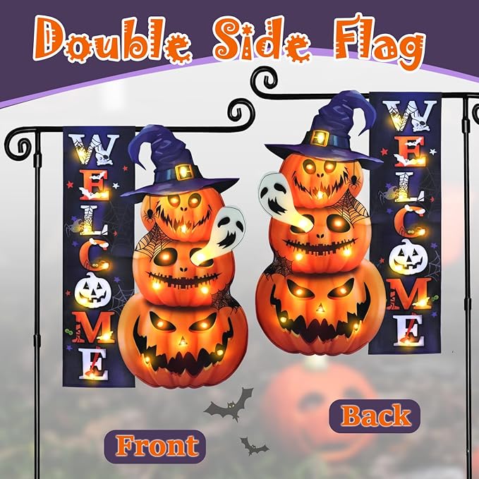 Halloween Lighted Garden Flag, Solar Yard Flag for Outside, 8 Modes Double Sided Welcome Halloween Pumpkin Outdoor Decorations for Home Porch (Pumpkin-12x18)-Ruum Studio Home
