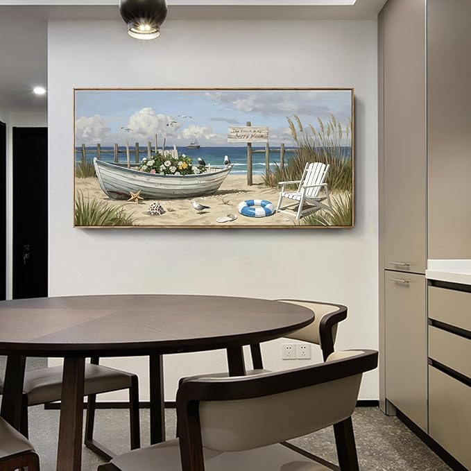 amatop Giant Framed Beach Wall Art Large Nautical Seaside Canvas Print Flower Boat Ocean Horizontal Landscape Picture Sea Birds Artwork for Coastal Farmhouse Living Room Bedroom Office Decor 58×29 Inch-Ruum Studio Home