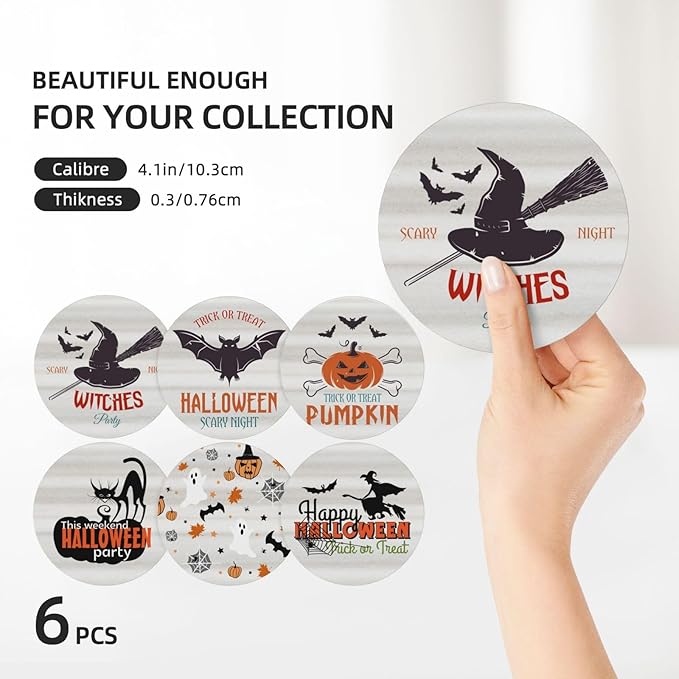 6 PCS Halloween Coasters with Metal Holder and Cork Base Ceramic Drink Coasters Absorbent Cup Mat Non-Slip for Home Kitchen Office Table Decor, 4 Inch Halloween 1-Ruum Studio Home