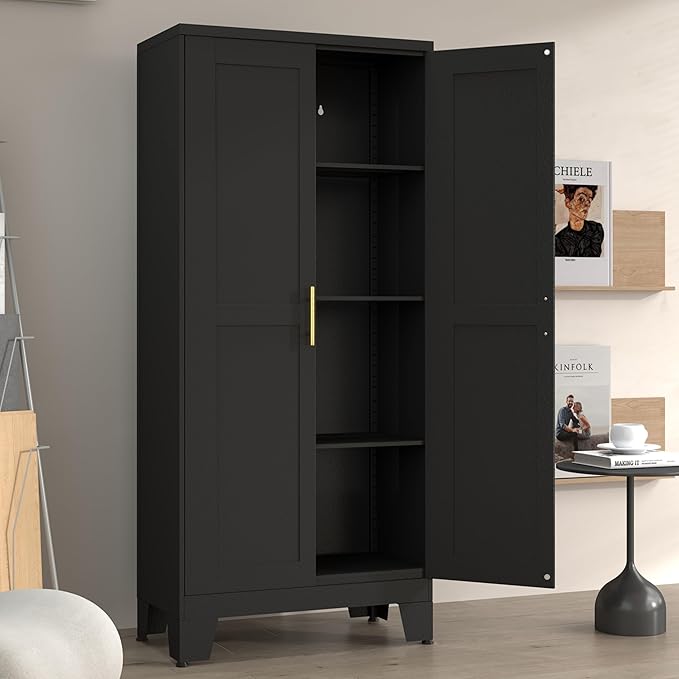 Metal Pantry Cabinet with 2 Doors and Adjustable Shelves, 61"Kitchen Storage Cabinet with Gold Handles, Versatile Storage for Laundry, Living, Bathroom, Dining, Utility Room - Black-Ruum Studio Home