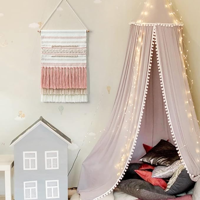 Dremisland Macrame Woven Wall Hanging Home Decor Bohemian Beige Geometric Wave Art Decor with Wool Ball and Tassle-Elegant Apartment Bedroom Dorm Room Door Decoration (Pink Line)-Ruum Studio Home