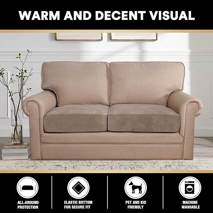 PrinceDeco Velvet Couch Cushion Cover Soft Stretch Cushion Slipcover for Chair Loveseat Sofa Cushion Furniture Protector Seat Cushion Sofa Cover (2 Piece Large Sofa Cushion Covers, Taupe)-Ruum Studio Home
