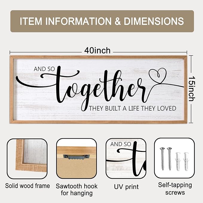 And So Together They Built A Life They Loved Decorative Rustic Sign & Plaque Framed Wall Art for Couples, 40''×15''Wooden Long Wall Decor Above Bed, Vintage Horizontal Farmhouse Wedding Gift-Ruum Studio Home