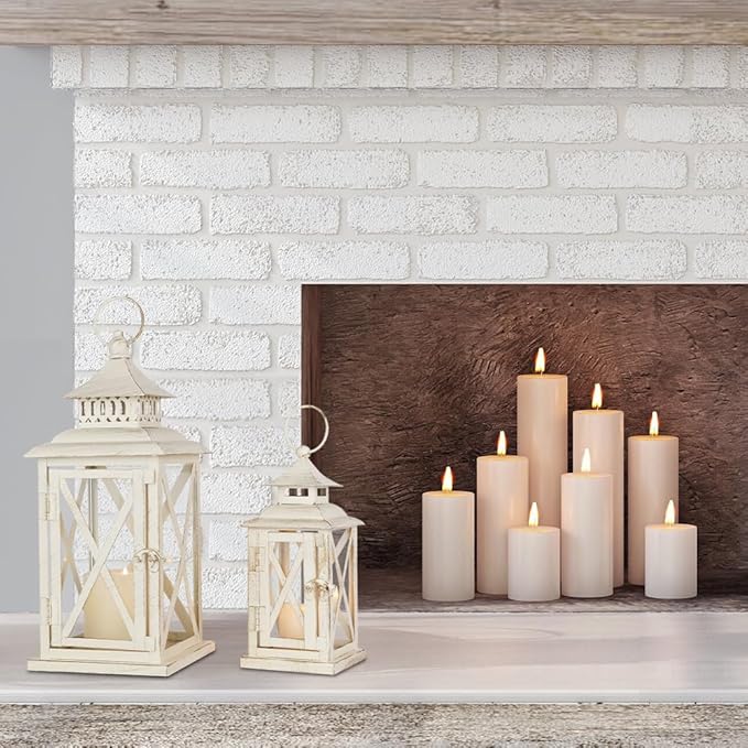 Lanterns Decorative Outdoor&Indoor, Set of 2 (14"&10") Beige Metal Lantern Decor with Glass, Candle Holder for Porch, Patio, Garden, Balcony, Wedding, Table Centerpiece-Ruum Studio Home