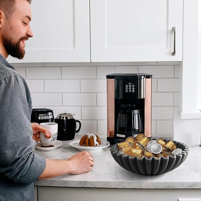 Large Decorative Bowl, Modern Handicraft Bowls for Home Decor, Decorative Fruit Bowl for Kitchen, Ruffle Bowl Decor, Stylish Key bowl for Entry Table, Artificial Stone Black-Ruum Studio Home