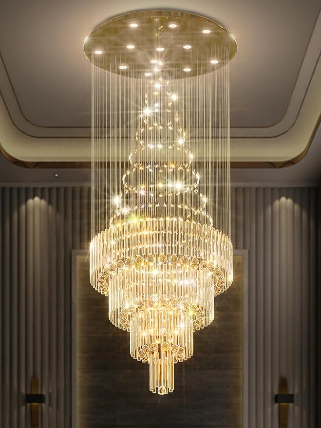 D32 x H79'' Modern Crystal Raindrop Gold Chandelier Lighting for Entrance, Stairs, Doorway, Crystal Ornament Chandelier Can be Used on Slopin-Ruum Studio Home