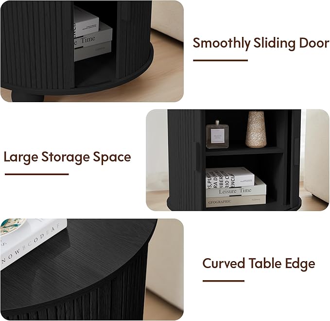 AVZEAR 24" Large Round End Table with Charging Station, Farmhouse Fluted Sofa Side Table with Sliding Tambour Door & Storage, Mid-Century Wood Nightstand for Living Room, Bedroom, Black-Ruum Studio Home