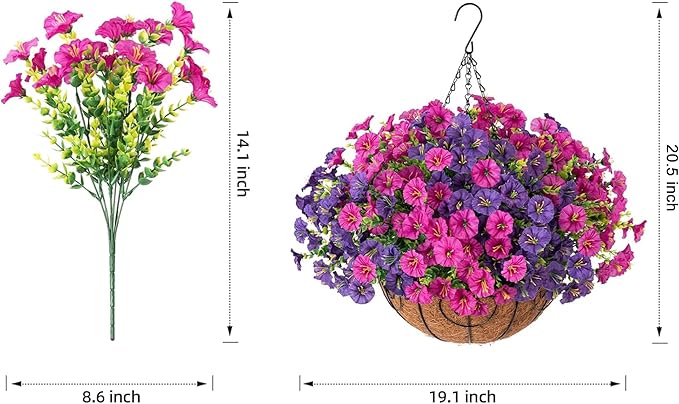 Artificial Faux Hanging Flowers Plants Basket for Spring Summer Outdoors Decoration, Silk Morning Glory with Eucalyptus Look Real UV Resistant Fake Flowers for Outside Porch Patio Balcony Home, Mix-Ruum Studio Home