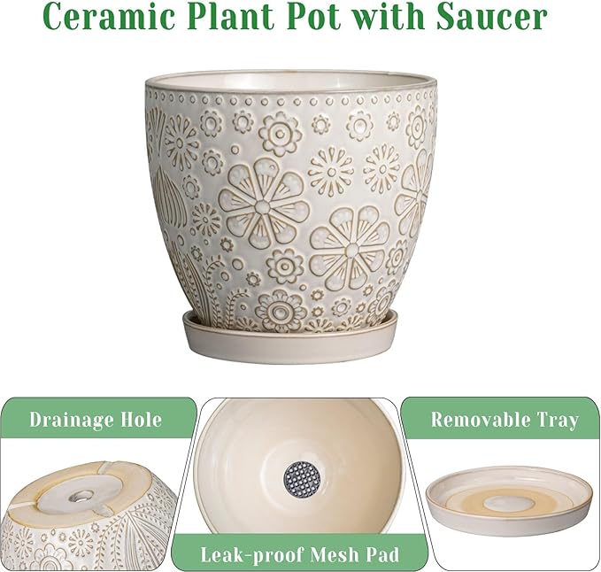 Ceramic Planter 8 Inch Plant Pot with Drainage Hole and Saucer Ceramic Pots for Indoor Plants Outdoor Large Flower Pot for Home Decor White-Ruum Studio Home