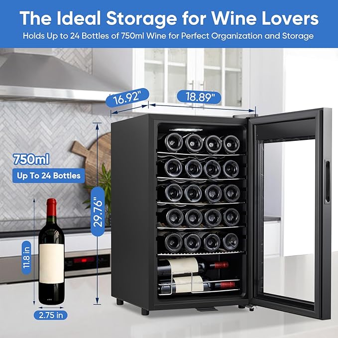 24 Bottle Compressor Wine Cooler Refrigerator with Lock, Freestanding Wine Fridge, 41°F-64°F Digital Temperature Control, Large Wine Cellar for Red, White, Champagne, and Sparkling Wine – Black-Ruum Studio Home