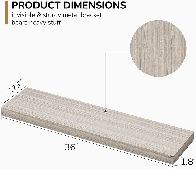 Floating Shelves - 10.3 Inch Deep Wall Shelf for Decor & Storage - Wall Mounted Display Shelving with Invisible Heavy-Duty Metal Bracket - 36" W x 10.3" D x 1.8" H - Set of 1 - Rustic Grey-Ruum Studio Home