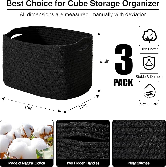 Black Storage Baskets for Organizing Shelves, Toy Basket for Nursery, Woven Cotton Rope Basket for Decor, Towel Baskets for Bathroom, 15"x11"x9.5", 3 Packs, Black-Ruum Studio Home