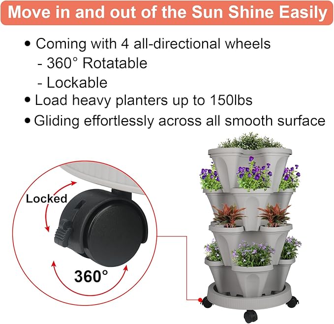 Vertical Planter 4 Tier Stackable Planters Garden Planters Strawberry Herb Flower and Vegetable Planter Indoor Outdoor Gardening Pots with Removable Wheels and Tools-Ruum Studio Home