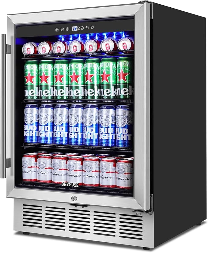 24" Beverage Refrigerator & Cooler, 180 Cans Under Counter Fridge with Lock, Glass Door & Powerful Cooling Compressor - Quiet, Built-in/Freestanding Drink Fridge-Ruum Studio Home