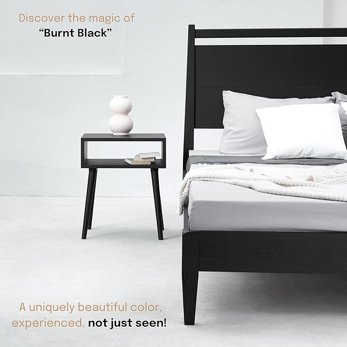 NTC Solid Oak Zoe Nightstand, Mid Century Modern Side Table Bedroom, Bedside Furniture, Night Stand, End Table, Easy Assembly - Burnt Black-Ruum Studio Home