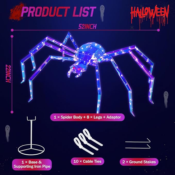 Prismatic Iridescent Giant Spider, 52" Pre-lit Large Outdoor Scary Prismatic Spider Decorations for Halloween 140 LED Light Up Giant Spider Outdoor Halloween Decorations for Garden, Yard, Porch-Ruum Studio Home