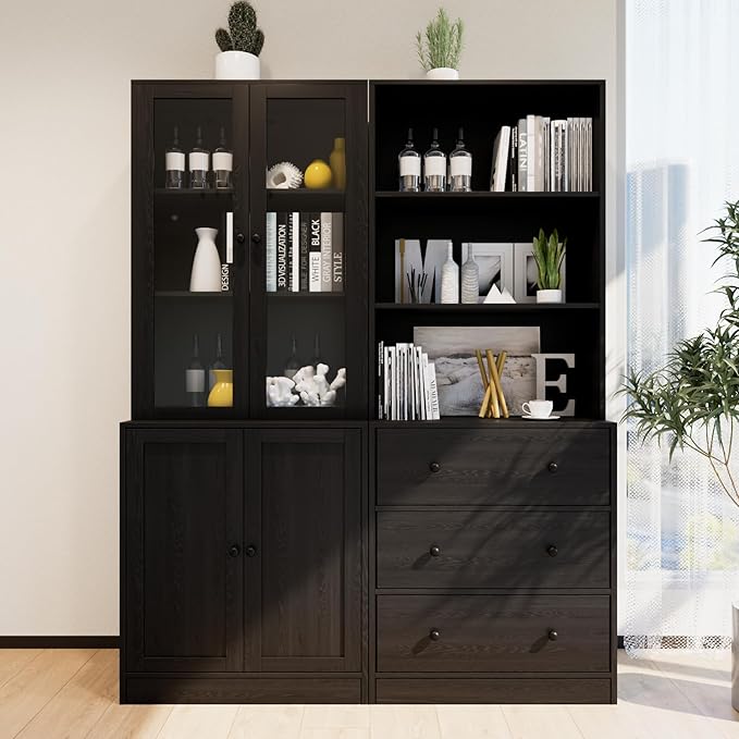 TUSY 71" Bookshelf Bookcase, 3-Tier Modern Bookshelves 3 Large Drawer, Wood Filing Cabinet with Open Storage Shelf, Glass Doors 5-Tier Fixed Storage Shelves for Home Office (Black)-Ruum Studio Home