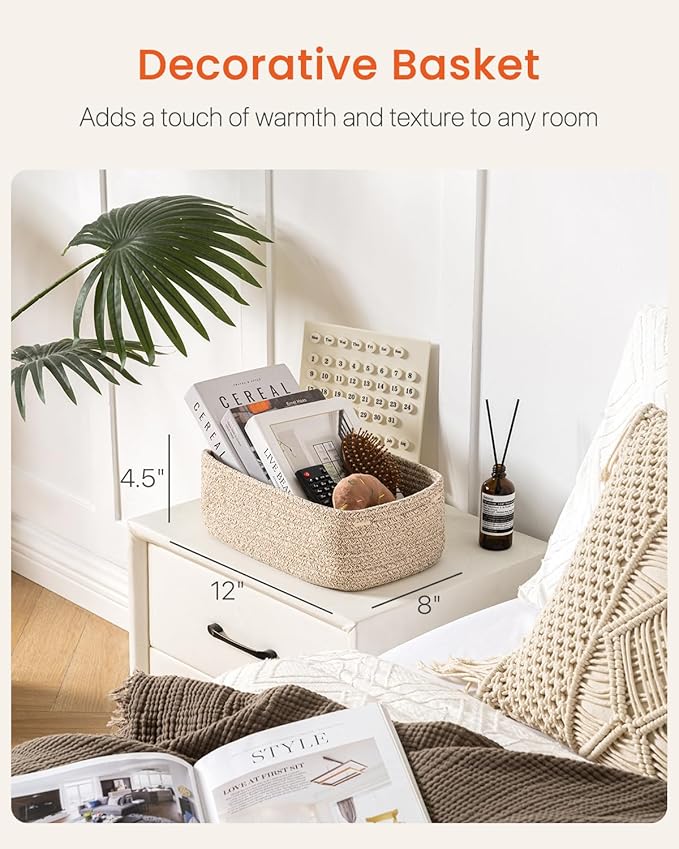 Small Woven Basket, 12 x 8 x 4.5 Inches, Storage Basket for Organizing, Cute Small Rope Shelf Closet Cube Storage Bins Baskets for Shelves, Dog Toy Gift Baskets Empty, 3 Packs, Mixed Brown-Ruum Studio Home
