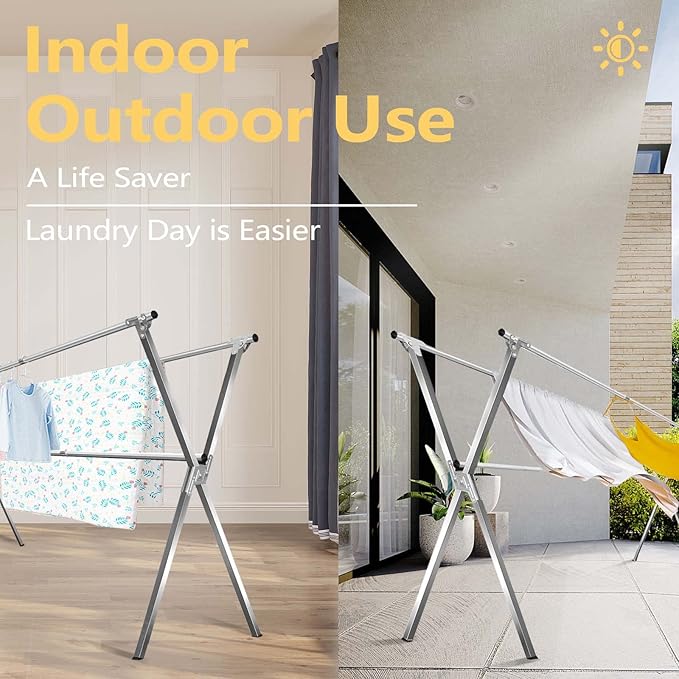 URYAN 79 Inches Stainless Steel Clothes Drying Rack, Heavy Duty Laundry Drying Rack Folding Indoor Outdoor, Portable Drying Rack Clothing, Free-Standing Laundry Stand with 20 Windproof Hooks-Ruum Studio Home