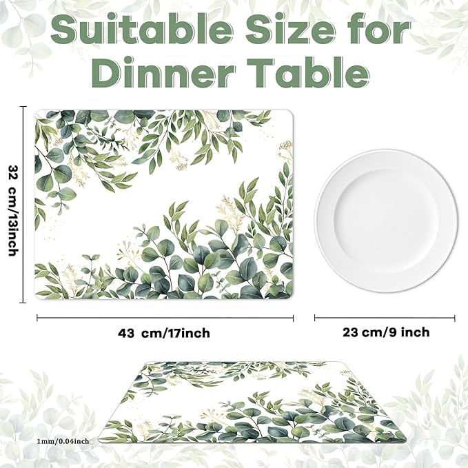 Eucalyptus Leaves Placemat Set of 6 Seasonal Summer Plastic Table Mats Spring Green Leaves Themed Place Mats Rustic Vintage Table Decoration for Indoor Outdoor Party Kitchen Dining-Ruum Studio Home