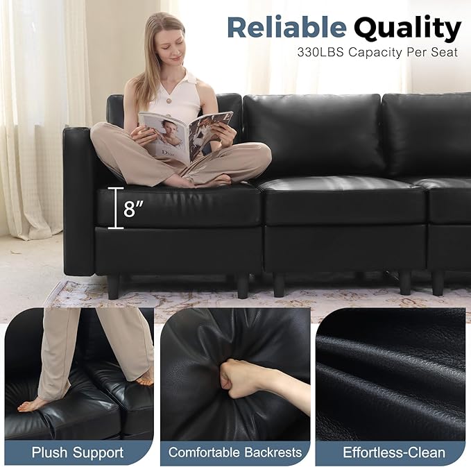 Faux Leather Single Sofa with Storage Ottoman, Modern Accent Chair Deep Seat Large Reading Armchair, Chaise Lounge Chair for Living Room Bedroom Office Black-Ruum Studio Home
