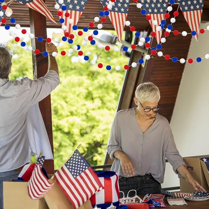 Jishi Pom Pom Garland 4th of July Decorations, Patriotic Red White Blue Felt Ball Garland, 3-Pack 6.6ft Long 24 Cute Pompom Balls String, Christmas Tree Decor Ornaments for Home Birthday Holiday Party-Ruum Studio Home