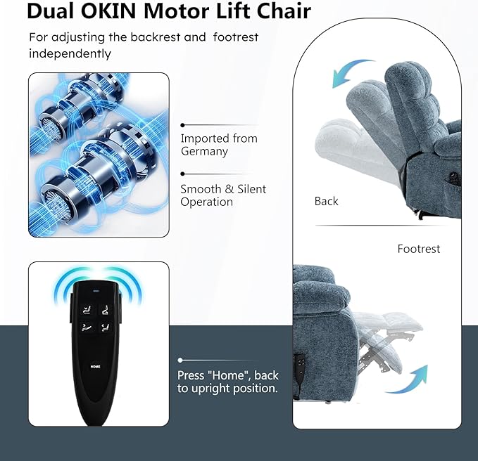 Lay Flat Recliner with Vibration Massage and Lumbar Heating, 26'' Wide Chair with Infinite Position and 2 Remote Controls, Soft Chenille Lift for Living Room, Grayish Blue-Ruum Studio Home