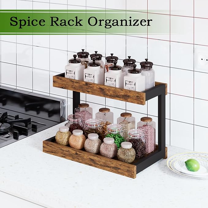 MARTY 2 Tier Spice Rack Organizer for Countertop, 15.8''L Coffee Station/Bathroom Organizer Countertop, Counter Shelf Desktop Storage Organizer for Kitchen, Bedroom, Office (Rustic Brown)-Ruum Studio Home