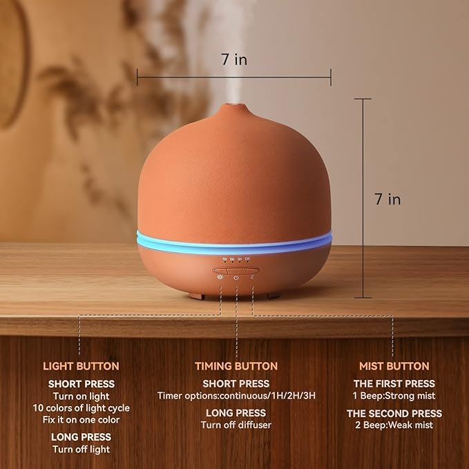 Wanlola Stone Diffusers for Essential Oils Large Room,500ml Handmade Ceramic Diffuser with 4 Timer & 10 Ambient Light Settings for Home Office (Terracotta)-Ruum Studio Home