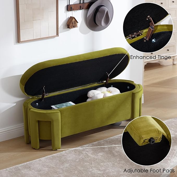 Modern Upholstered Storage Bench, Velvet Fabric 50" Long Entryway Bench with Storage and Seating, Comfy Cute Ottoman Bench for Living Room/End of Bed/Hallway, Olive Green-Ruum Studio Home
