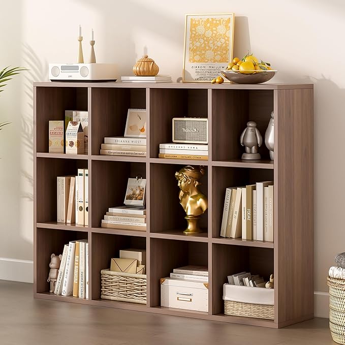 12-Cube Storage Shelf Bookcase - Wooden 3-Tier Floor Standing Open Bookshelf for Home and Office, Cuby Orgainzer, Walnut-Ruum Studio Home