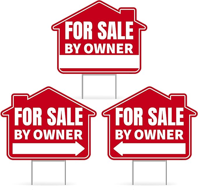 3PC For Sale By Owner Sign with Stakes, 17 Inches by 13 Inches - Double Sided Signs - Corrugated Plastic - FSBO Yard Sign for Home House Real Estate-Ruum Studio Home