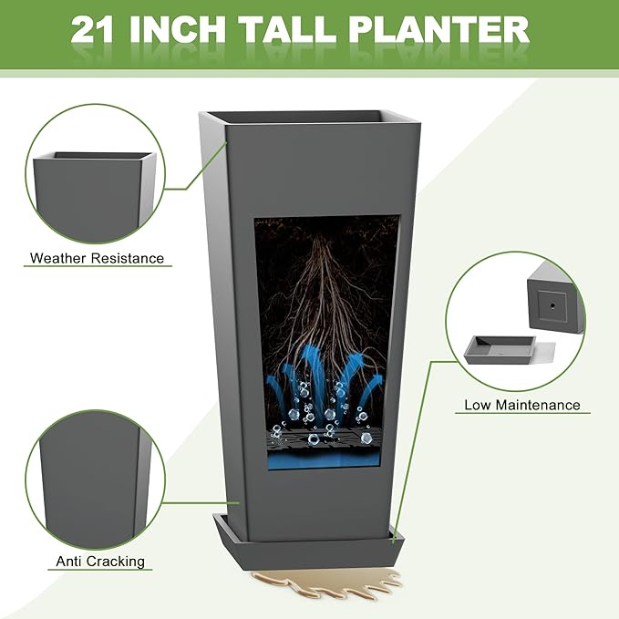 FENCY Set of 2 Tall Planters for Outdoor Plants, 24 Inch Large Tapered Pots with Drainage Trays, Weather-Resistant Plastic Plant Containers for Patio, Porch, Garden, Front Door Decor,Gray-Ruum Studio Home