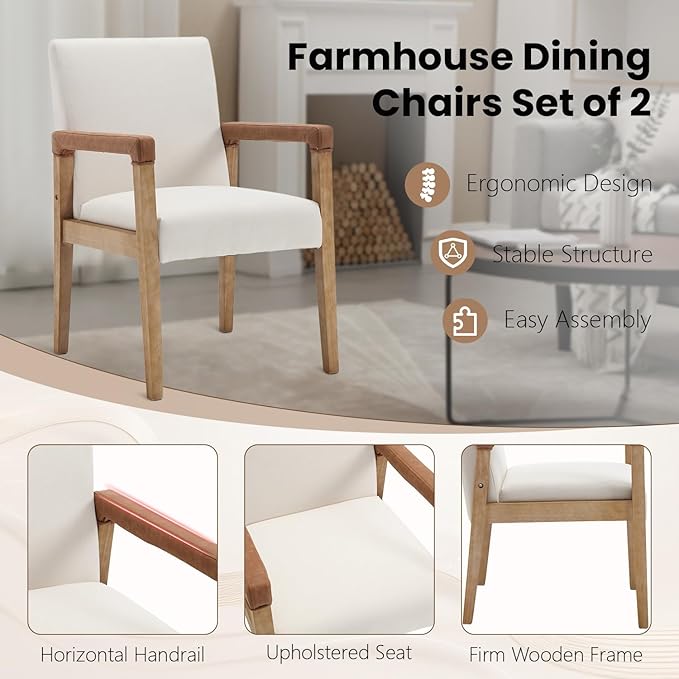 Kmax Modern Dining Chairs Set of 2 Linen Fabric Kitchen Arm Chairs Upholstered Accent Chairs with Wooden Legs for Dining Room, Living Room, Bedroom, White-Ruum Studio Home