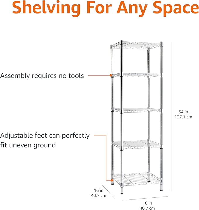 Amazon Basics 5-Shelf Tower Adjustable Storage Shelving Unit, Chrome, 16 D x 16 W x 54 H in-Ruum Studio Home