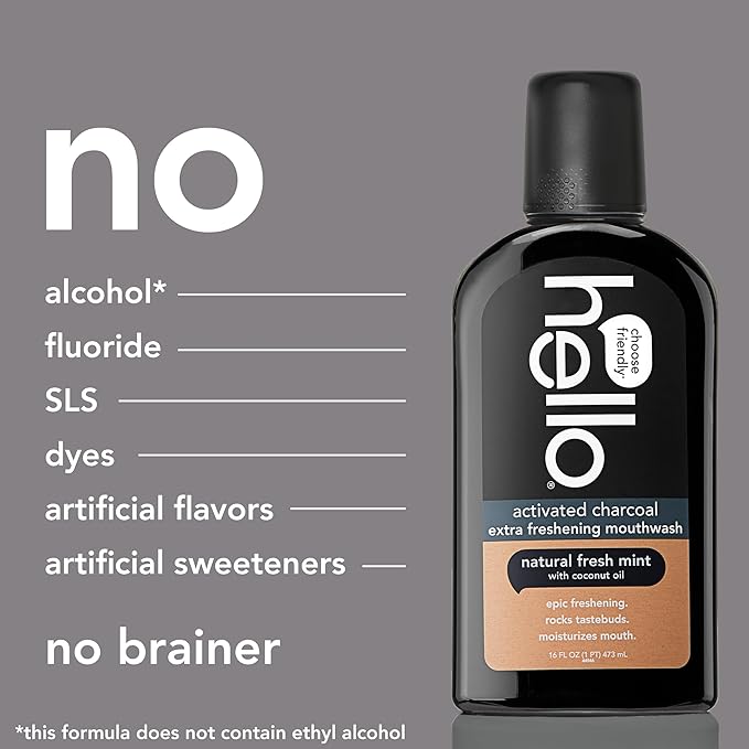Hello Activated Charcoal Extra Freshening Mouthwash, Natural Fresh Mint and Coconut Oil, Fluoride Free, Alcohol Free, Vegan, SLS Free and Gluten Free, 16 Fl Oz (Pack of 3)-Ruum Studio Home