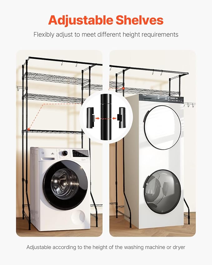 VEVOR Over The Washer and Dryer Storage Shelf, 6 Tier Laundry Room Drying Rack with Hanger Rod and Hooks, Adjustable Over Washer and Dryer Shelves, Laundry Room Shelf Storage Space Saver, Black-Ruum Studio Home