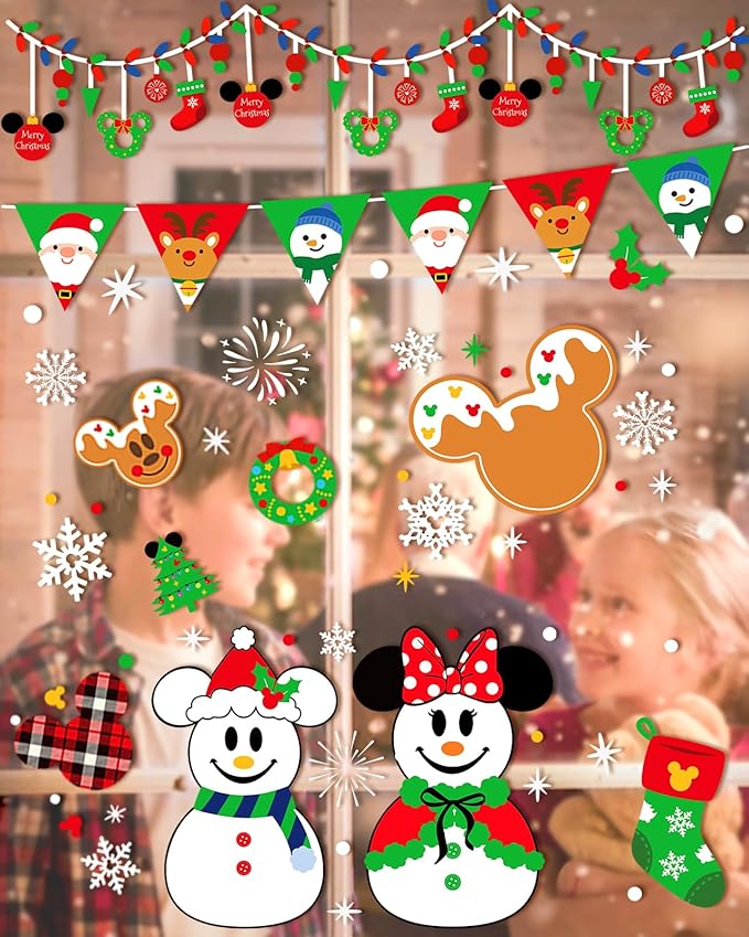 Christmas Window Clings - 9 Sheets 166 Pcs Cute Xmas Decorations for Winter Holiday Home Party, Santa Snowman Tree Snowflake Gingerbread Stickers for Glass, Double-Sided Static Window Decals-Ruum Studio Home