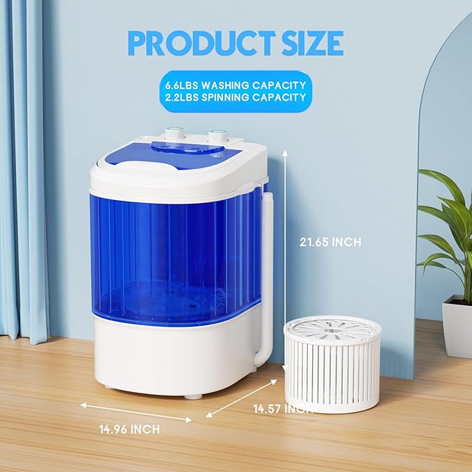 Superday Mini Portable Washing Machine, Single Tub Compact Washing Machine with Spin Cycle, 6.6LBS Washing Capacity Small Electric Washer Machine for Home, Apartments, Outdoor, RV, Dormitory, Blue-Ruum Studio Home