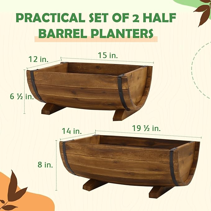 IDZO Solid Acacia Wood Half Barrel Planters Outdoor Set of 2 Different Sizes, Wooden Planters for Outdoor Plants with Metal Bands & Drainage Holes, Legs Included, Brown-Ruum Studio Home
