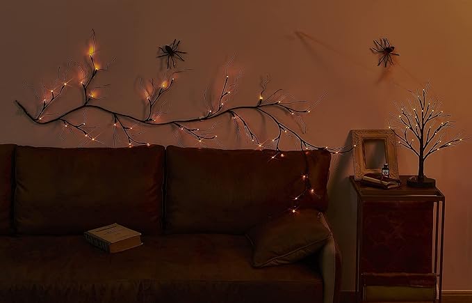 LITBLOOM Lighted Spooky Halloween Tree with Timer Battery Operated or USB Plug in, Pre-lit Black Glittered Tabletop Tree with Orange Lights 24L 18IN for Halloween Home Party Decoration Indoor-Ruum Studio Home