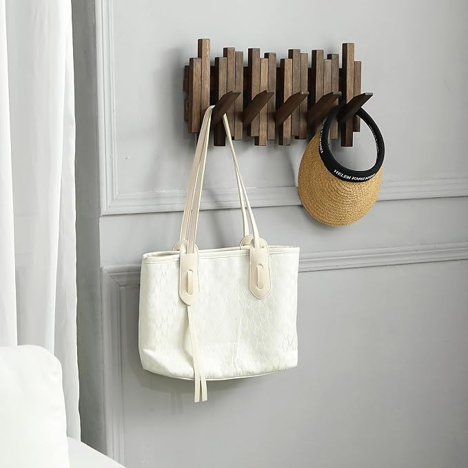 Wall Mounted Piano Coat Rack| Coat Rack Wall Mount| Flip Down Hook Rack 5 Hooks| Entryway Wall Art Hook,Made of Acacia Wood (Wood Wax Oil Dyed Walnut Color).Wall Art-Ruum Studio Home