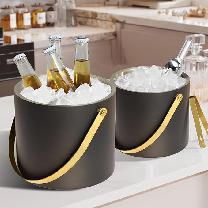 2L Ice Bucket with Silicone Lid, Scoop, Gold Tongs & Strainer, Stainless Steel Double Wall Insulated Ice Buckets for Parties & Cocktail Bar Outdoor Champagne Ice Container Bin, Black-Ruum Studio Home