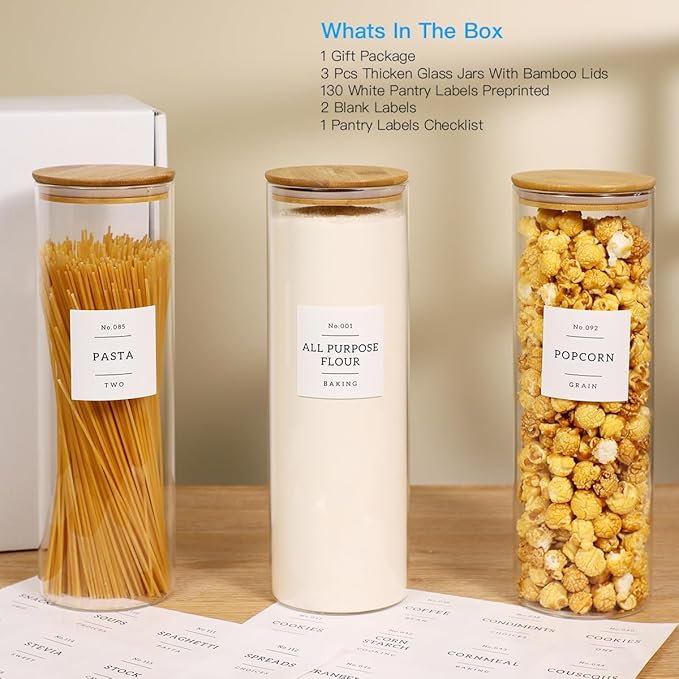 3 Pack Glass Jar with Airtight Bamboo Lid and White 132 Kichen Pantry Labels Preprinted - 70 Oz Clear Tall Glass Food Storage Containers set For Noodles Pasta Spaghetti-Ruum Studio Home