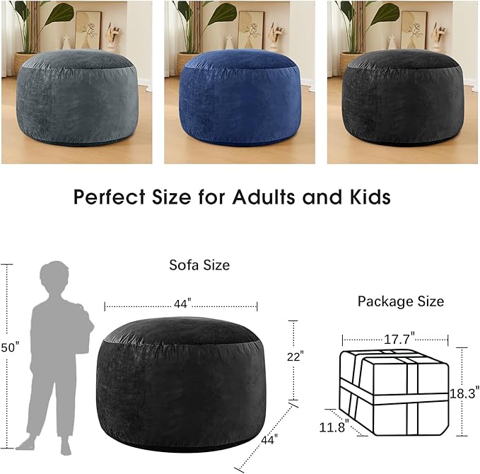Bean Bag Chairs for Adults - Memory Foam Furniture BeanBag Chair - Kids/Teens Sofa with Soft Micro Fiber Cover - Round Fluffy Couch for Living Room Bedroom College Dorm - 4 ft, Carbon Black-Ruum Studio Home