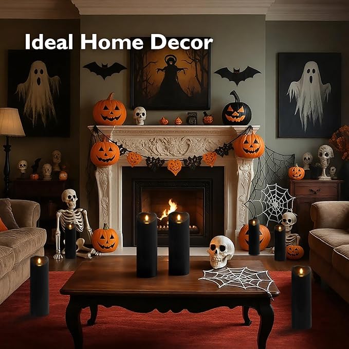 Homemory 4"x12" Black Flameless Candles, Halloween Candles, Outdoor Waterproof Flameless Candles with Remote and Timers, Gothic, Battery Operated LED Pillar Candles, Won't Melt Plastic, 2Pack-Ruum Studio Home