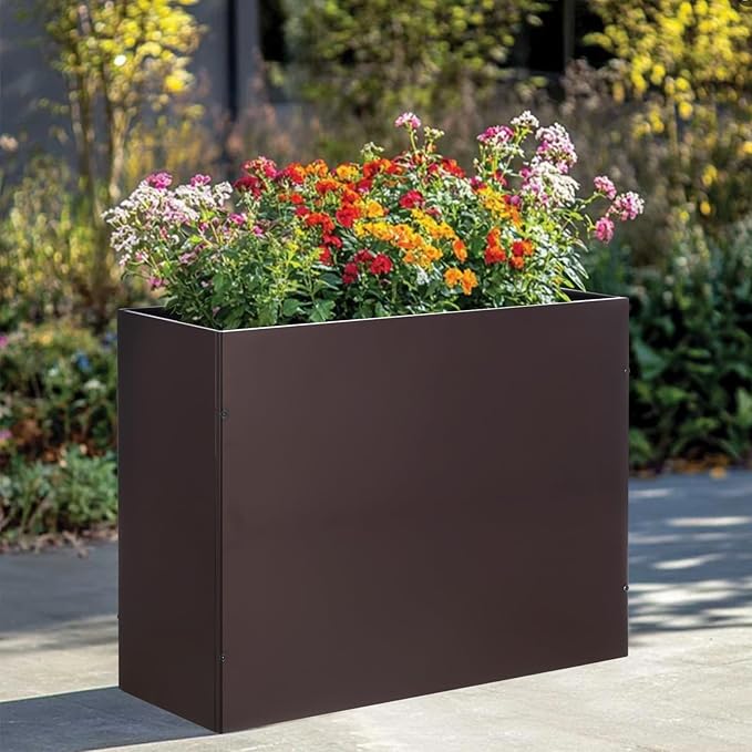 Metal Rectangular Planter Box Tall Planters for Outdoor Plants Modern Heavy Duty with Drainage Holes for Outside Indoor Patio Deck - Brown, 32”x 12”x 24”-Ruum Studio Home